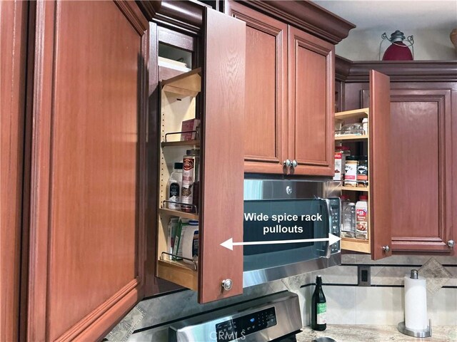 29944 Peach Tree Ct, Murrieta, CA 92563 - kitchen view of backsplash, open shelves, and brown cabinets
