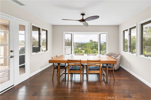 735 Del Valle Dr, Fallbrook, CA 92028 - dining room with baseboards, dark wood-style flooring, french doors, and ceiling fan