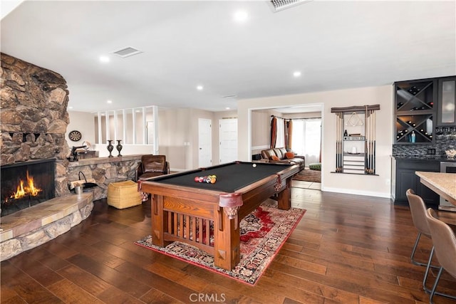 735 Del Valle Dr, Fallbrook, CA 92028 - recreation room featuring billiards table, bar area, wood-type flooring, a fireplace, and recessed lighting