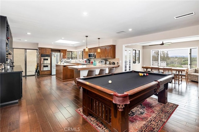 735 Del Valle Dr, Fallbrook, CA 92028 - game room with dark wood-type flooring, healthy amount of natural light, pool table, recessed lighting, and a ceiling fan