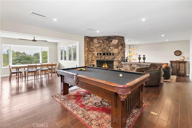 735 Del Valle Dr, Fallbrook, CA 92028 - rec room featuring pool table, dark wood finished floors, a fireplace, and recessed lighting