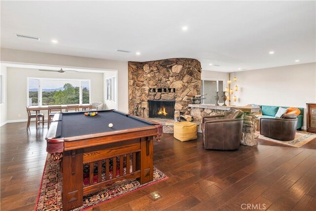 735 Del Valle Dr, Fallbrook, CA 92028 - game room featuring hardwood / wood-style flooring, billiards, a fireplace, and recessed lighting