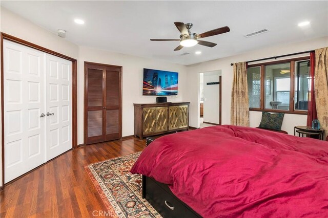 735 Del Valle Dr, Fallbrook, CA 92028 - bedroom featuring wood finished floors, recessed lighting, multiple closets, and ceiling fan