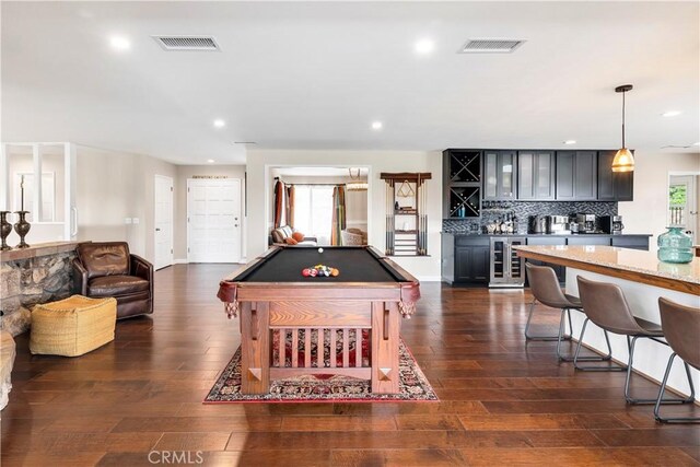 735 Del Valle Dr, Fallbrook, CA 92028 - rec room with beverage cooler, bar, billiards table, dark wood-type flooring, and recessed lighting