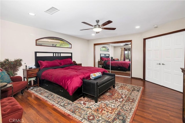 735 Del Valle Dr, Fallbrook, CA 92028 - bedroom with wood finished floors, recessed lighting, ceiling fan, and two closets