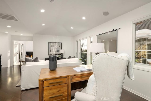 14 Saint Pierre, Newport Coast, CA 92657 - office area featuring recessed lighting, dark wood-style flooring, baseboards, and vaulted ceiling