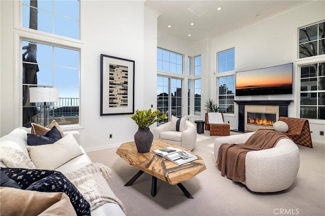 14 Saint Pierre, Newport Coast, CA 92657 - living room with baseboards, carpet, crown molding, a glass covered fireplace, and a high ceiling