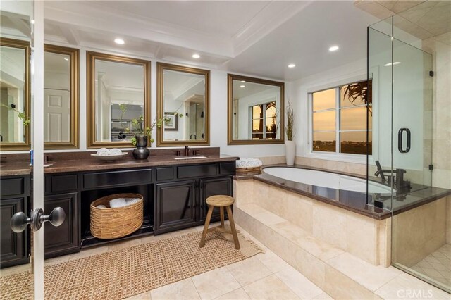 14 Saint Pierre, Newport Coast, CA 92657 - full bathroom with double vanity, a garden tub, a stall shower, recessed lighting, and tile patterned flooring