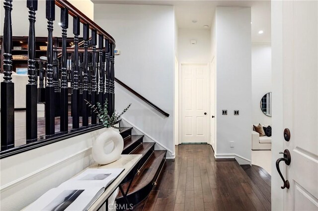 14 Saint Pierre, Newport Coast, CA 92657 - foyer entrance with dark wood finished floors, stairway, baseboards, and recessed lighting