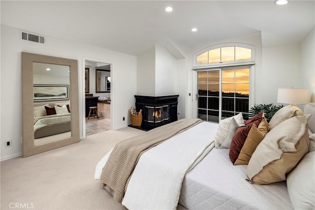 14 Saint Pierre, Newport Coast, CA 92657 - bedroom with access to exterior, recessed lighting, light carpet, baseboards, and connected bathroom