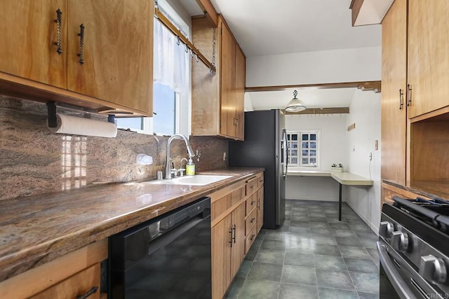 3120 Curtis St, San Diego, CA 92106 - kitchen with appliances with stainless steel finishes, a sink, decorative backsplash, and brown cabinetry