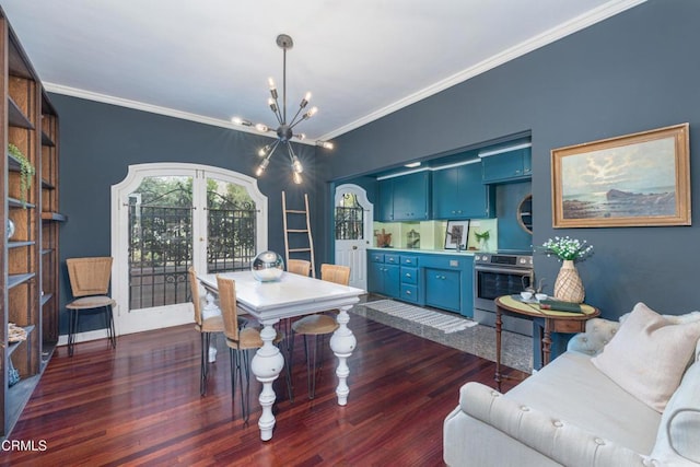 80 N Euclid Ave Unit 102, Pasadena, CA 91101 - dining area with a chandelier, dark wood-type flooring, and crown molding