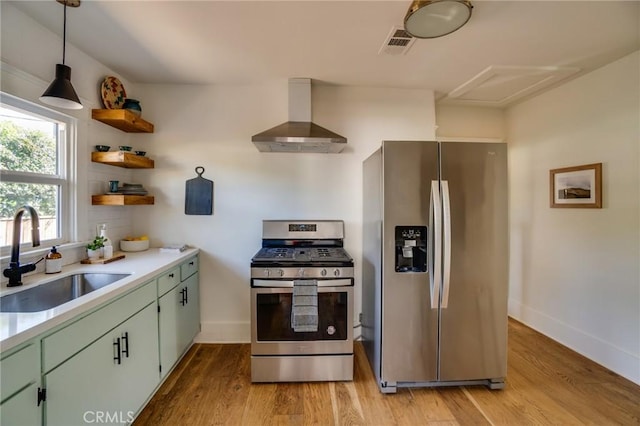 3716 Rosemead Ave, Los Angeles, CA 90032 - kitchen featuring appliances with stainless steel finishes, wall chimney range hood, a sink, green cabinetry, and light countertops