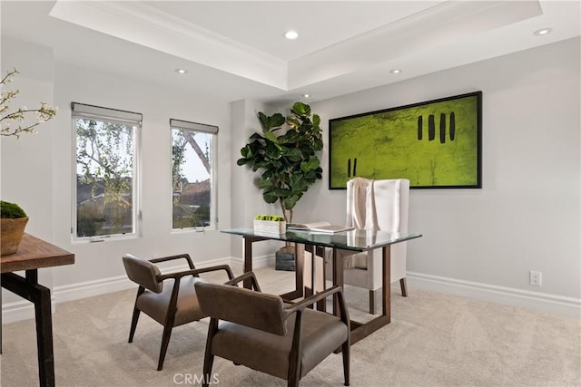 2567 Oakshore, Westlake Village, CA 91361 - dining room with light carpet, a tray ceiling, recessed lighting, baseboards, and ornamental molding
