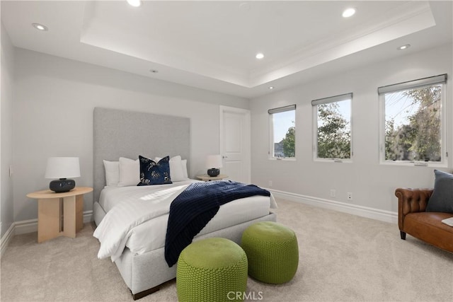 2567 Oakshore, Westlake Village, CA 91361 - bedroom with light colored carpet, recessed lighting, a tray ceiling, and baseboards