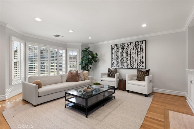 2567 Oakshore, Westlake Village, CA 91361 - living room with wood finished floors, ornamental molding, recessed lighting, and baseboards