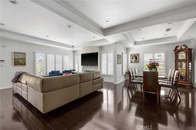 1361 Winchester Ave, Glendale, CA 91201 - living room with a raised ceiling, dark wood-type flooring, ornamental molding, and baseboards