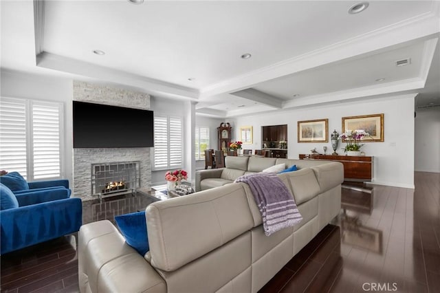 1361 Winchester Ave, Glendale, CA 91201 - living area with wood finished floors, a fireplace, a tray ceiling, beam ceiling, and baseboards