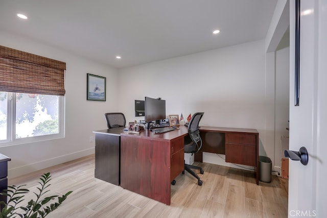 9171 Heatherton Cir, Huntington Beach, CA 92646 - home office with recessed lighting, light wood-type flooring, and baseboards