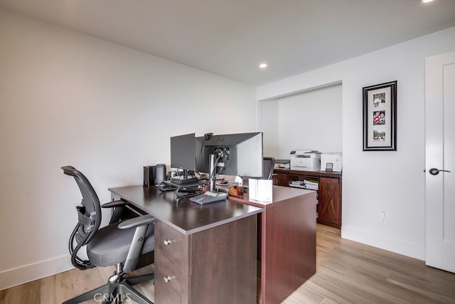 9171 Heatherton Cir, Huntington Beach, CA 92646 - home office with light wood-type flooring, baseboards, and recessed lighting