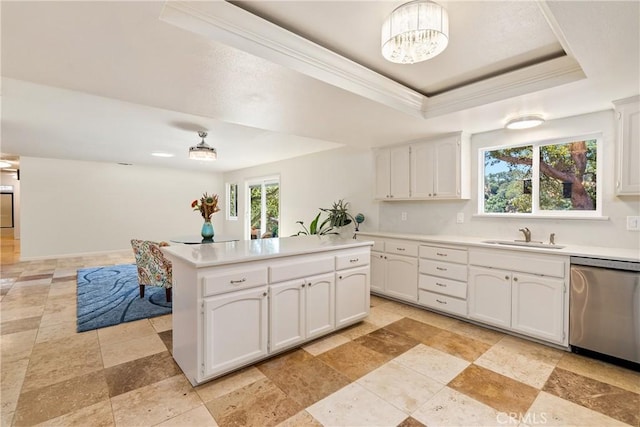 10755 Santa Ana Rd, Atascadero, CA 93422 - kitchen featuring dishwasher, a tray ceiling, a sink, white cabinetry, and light countertops