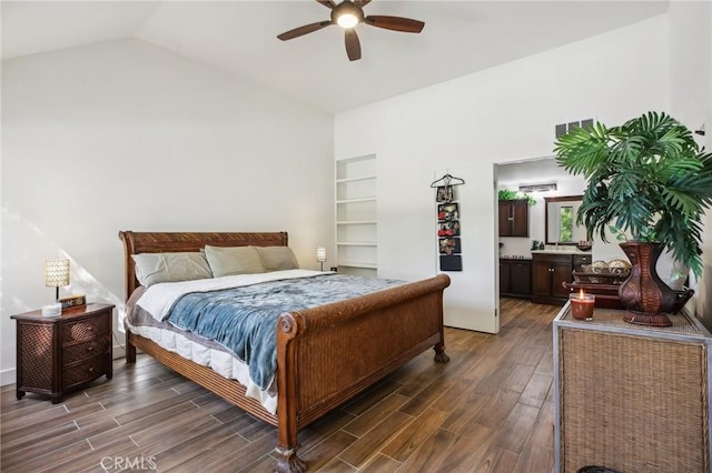 25761 Le Parc Unit 89, Lake Forest, CA 92630 - bedroom featuring dark wood-style floors, vaulted ceiling, ceiling fan, and ensuite bathroom
