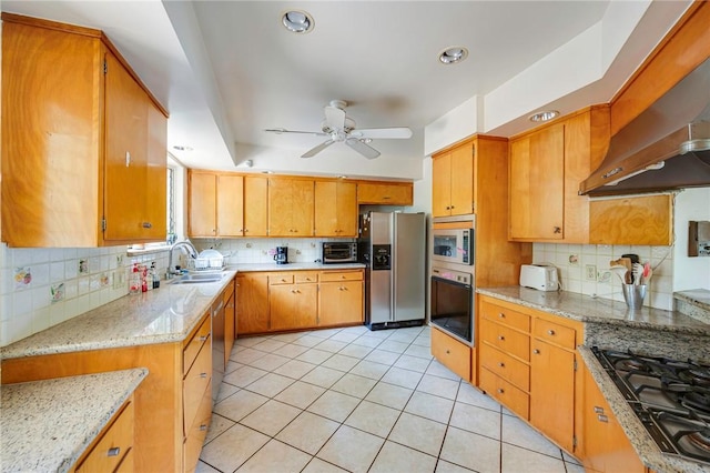 520 Linda Vista Ave, Pasadena, CA 91105 - kitchen with black appliances, wall chimney range hood, a sink, decorative backsplash, and light tile patterned floors