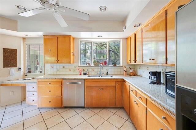 520 Linda Vista Ave, Pasadena, CA 91105 - kitchen with appliances with stainless steel finishes, a sink, light tile patterned floors, and tasteful backsplash