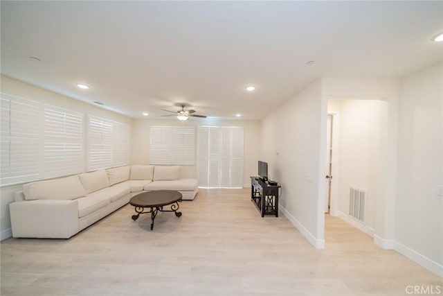 1521 Summerfield Way, Beaumont, CA 92223 - living room with baseboards, ceiling fan, recessed lighting, and light wood-style flooring