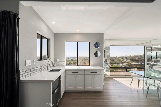 1995 Molino Ave Unit 301, Signal Hill, CA 90755 - kitchen featuring a sink, wood finished floors, a peninsula, backsplash, and light stone counters