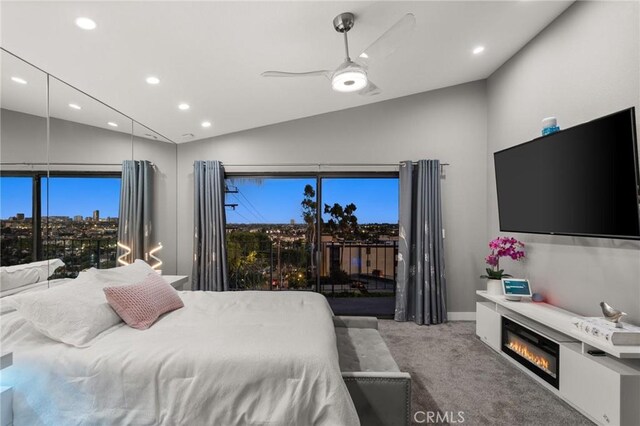 1995 Molino Ave Unit 301, Signal Hill, CA 90755 - carpeted bedroom featuring recessed lighting, a glass covered fireplace, ceiling fan, and high vaulted ceiling