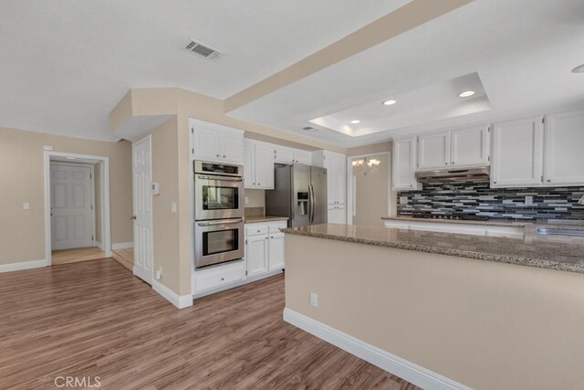 575 Nicole Dr, Newbury Park, CA 91320 - kitchen with appliances with stainless steel finishes, under cabinet range hood, a tray ceiling, white cabinetry, and recessed lighting