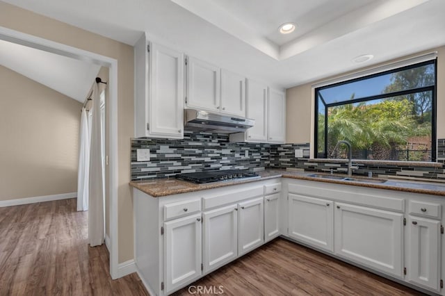 575 Nicole Dr, Newbury Park, CA 91320 - kitchen with a sink, under cabinet range hood, gas cooktop, tasteful backsplash, and white cabinets