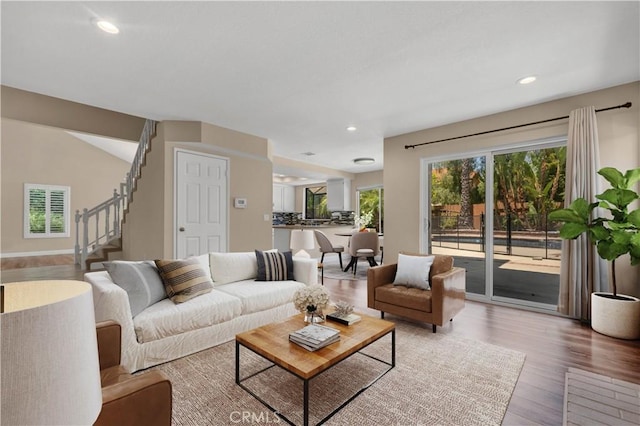 575 Nicole Dr, Newbury Park, CA 91320 - living area with stairs, wood finished floors, and recessed lighting