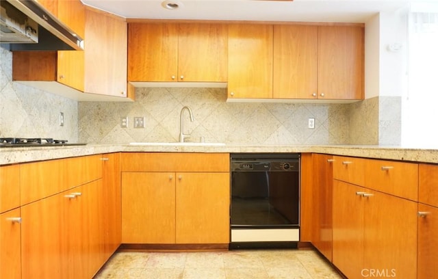 14678 Tupper St, Panorama City, CA 91402 - kitchen featuring black dishwasher, a sink, under cabinet range hood, and tasteful backsplash