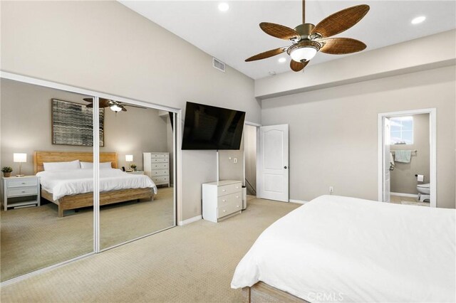 17230 Newhope St Unit 309, Fountain Valley, CA 92708 - bedroom with light carpet, ceiling fan, recessed lighting, baseboards, and ensuite bath