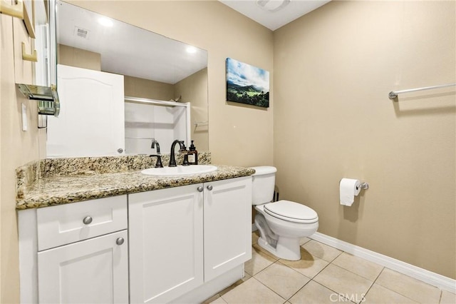 17230 Newhope St Unit 309, Fountain Valley, CA 92708 - full bathroom featuring vanity, toilet, tile patterned flooring, a shower with door, and baseboards