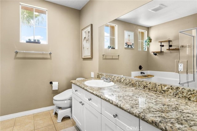 17230 Newhope St Unit 309, Fountain Valley, CA 92708 - full bathroom featuring a shower with shower door, toilet, baseboards, vanity, and a tub to relax in