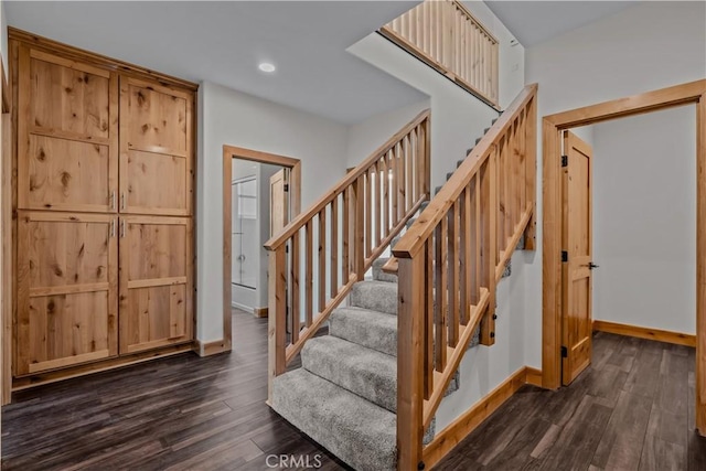 851 Madera Ln, Lake Arrowhead, CA 92352 - stairs featuring baseboards, wood finished floors, and recessed lighting