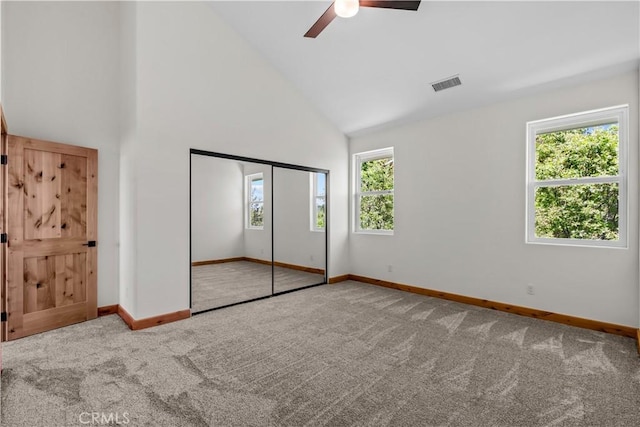 851 Madera Ln, Lake Arrowhead, CA 92352 - unfurnished bedroom featuring baseboards, carpet floors, high vaulted ceiling, a ceiling fan, and a closet