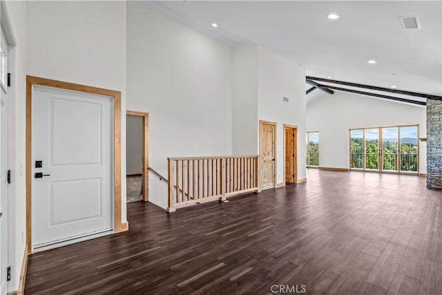 851 Madera Ln, Lake Arrowhead, CA 92352 - spare room with wood finished floors, high vaulted ceiling, recessed lighting, and baseboards