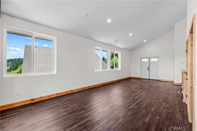 851 Madera Ln, Lake Arrowhead, CA 92352 - empty room with dark wood-type flooring, vaulted ceiling, baseboards, and recessed lighting