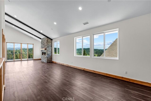 851 Madera Ln, Lake Arrowhead, CA 92352 - unfurnished living room featuring lofted ceiling, a fireplace, dark wood finished floors, baseboards, and recessed lighting
