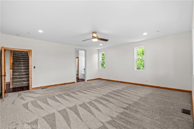 851 Madera Ln, Lake Arrowhead, CA 92352 - empty room with a ceiling fan, carpet, recessed lighting, stairway, and baseboards