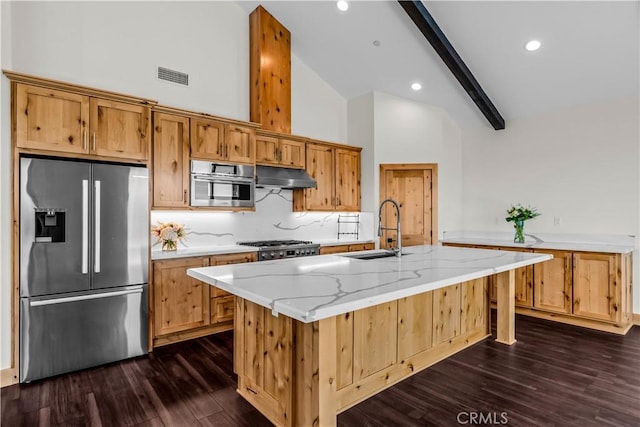 851 Madera Ln, Lake Arrowhead, CA 92352 - kitchen with stainless steel refrigerator with ice dispenser, a sink, high vaulted ceiling, dark wood-style flooring, and beamed ceiling