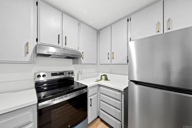 10350 Caminito Cuervo Unit 93, San Diego, CA 92108 - kitchen featuring stainless steel appliances, under cabinet range hood, light countertops, and white cabinets