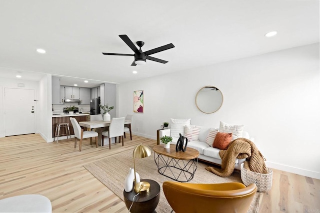 10350 Caminito Cuervo Unit 93, San Diego, CA 92108 - living area featuring baseboards, light wood finished floors, a ceiling fan, and recessed lighting