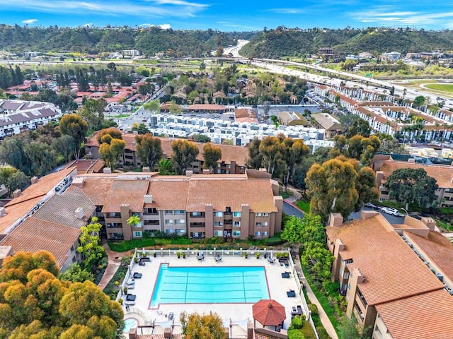 10350 Caminito Cuervo Unit 93, San Diego, CA 92108 - aerial view of property and surrounding area featuring a pool area