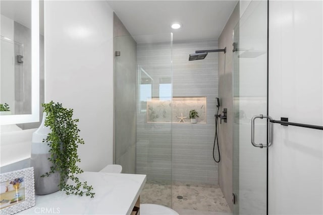 26050 Farmfield Rd, Calabasas, CA 91302 - bathroom with vanity, a stall shower, toilet, and recessed lighting