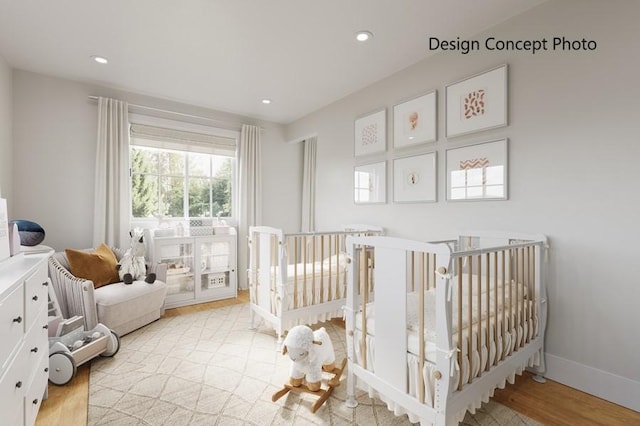 5109 Genesta Ave, Encino, CA 91316 - bedroom featuring light wood-style flooring, baseboards, a nursery area, and recessed lighting